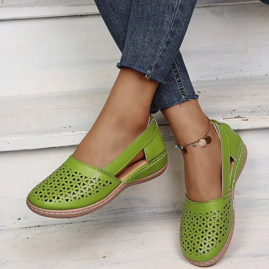 Women’s comfort walking shoes in bright green with perforated slip-on style