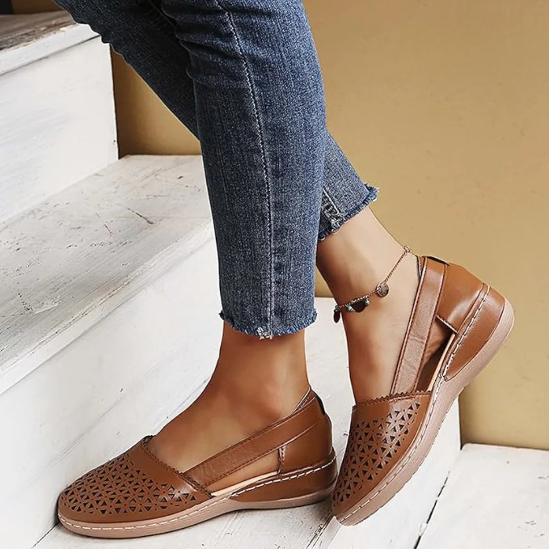 Women’s comfort walking shoes in brown/tan with perforated slip-on upper