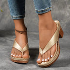Women’s gold cushioned platform slides with toe-thong strap and chunky block heel