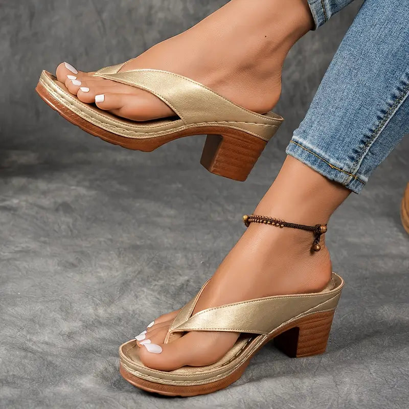 Women’s gold cushioned platform slides with V cross strap and mid-height block heel