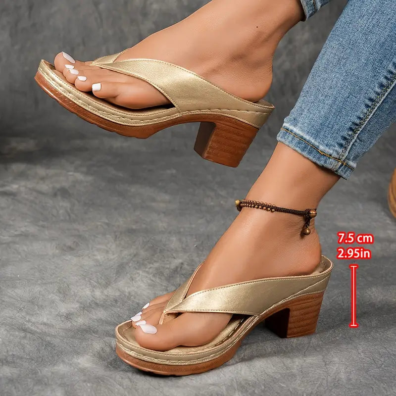Women’s gold cushioned platform slides with cross strap and mid-height block heel