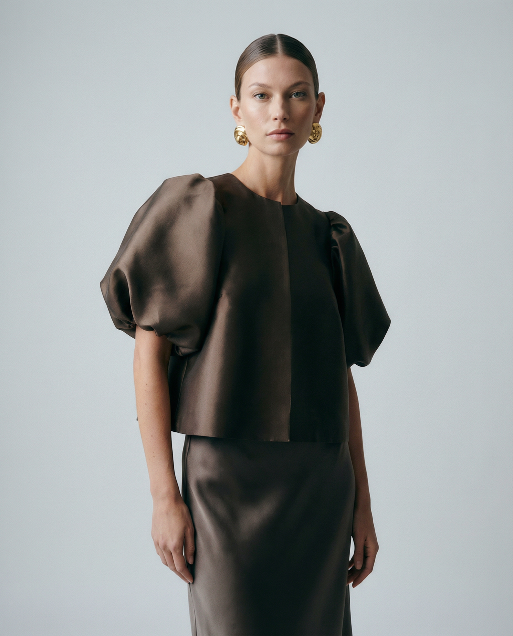 Dark brown satin blouse with short puff sleeves, crew neck, and center-front seam