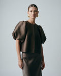 Dark brown satin blouse with short puff sleeves, crew neck, and center-front seam