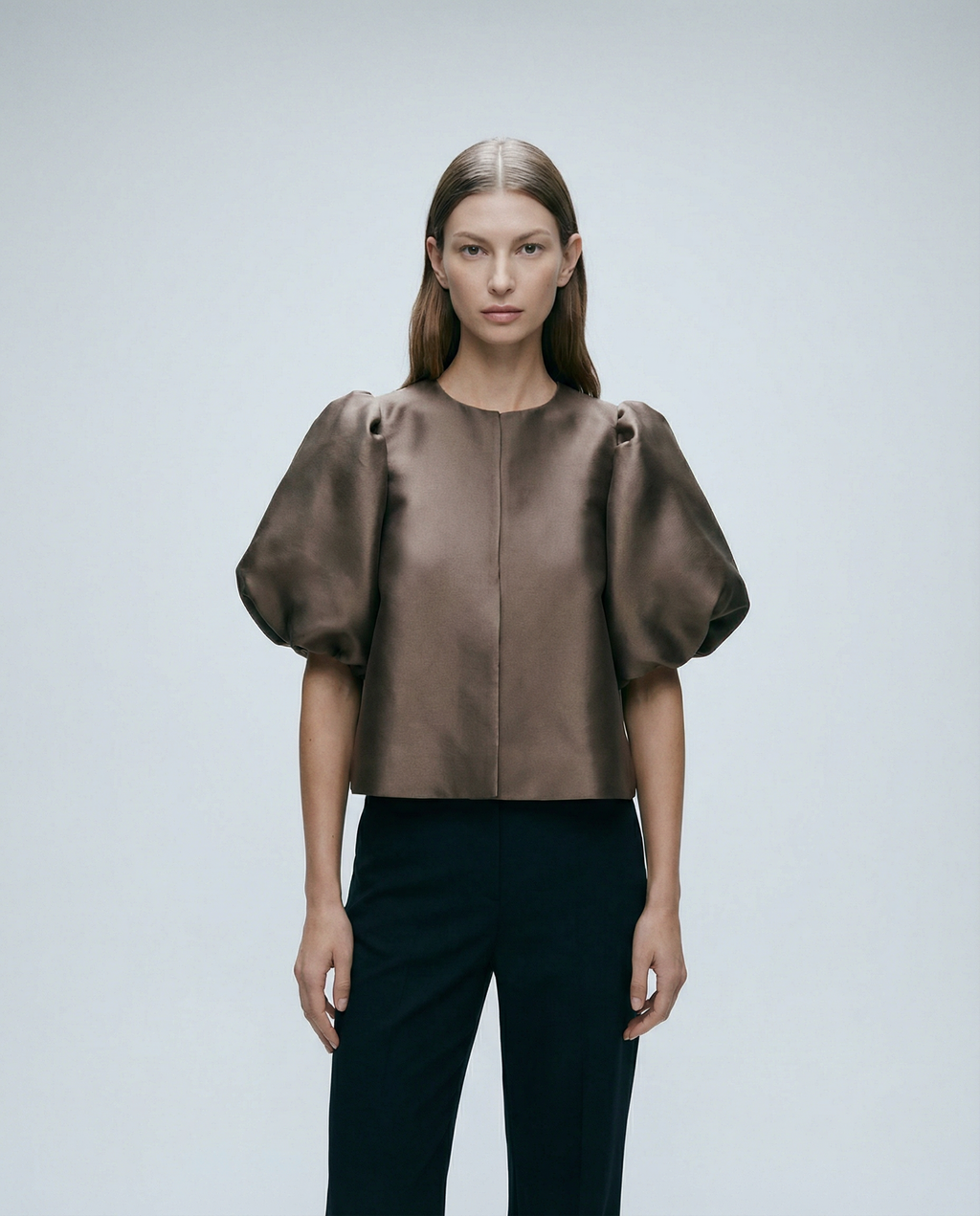 Chocolate brown satin blouse with short puff sleeves and center-front seam