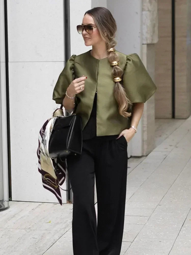 Olive satin blouse with short puff sleeves and button-front closure