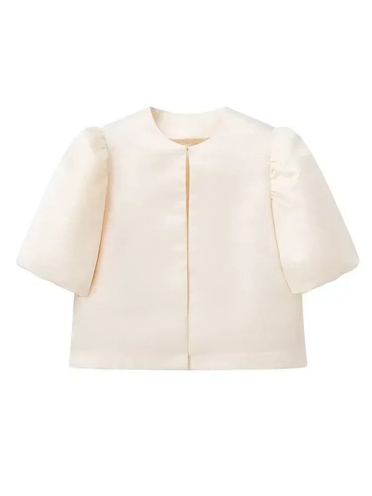 Ivory satin blouse with short sleeves and front placket seam