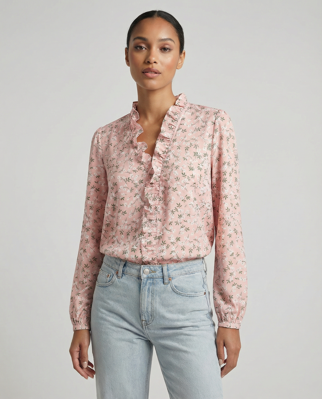 Pink floral ruffle V-neck blouse with long sleeves and button-front detail
