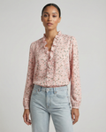 Pink floral ruffle V-neck blouse with long sleeves and button-front detail