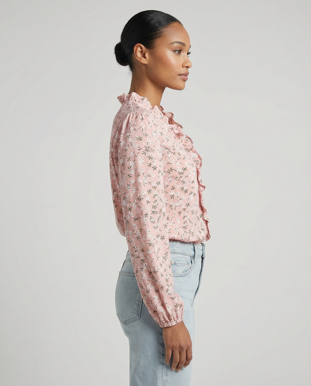 Pink floral ruffle V-neck blouse, long sleeves, button-front detail