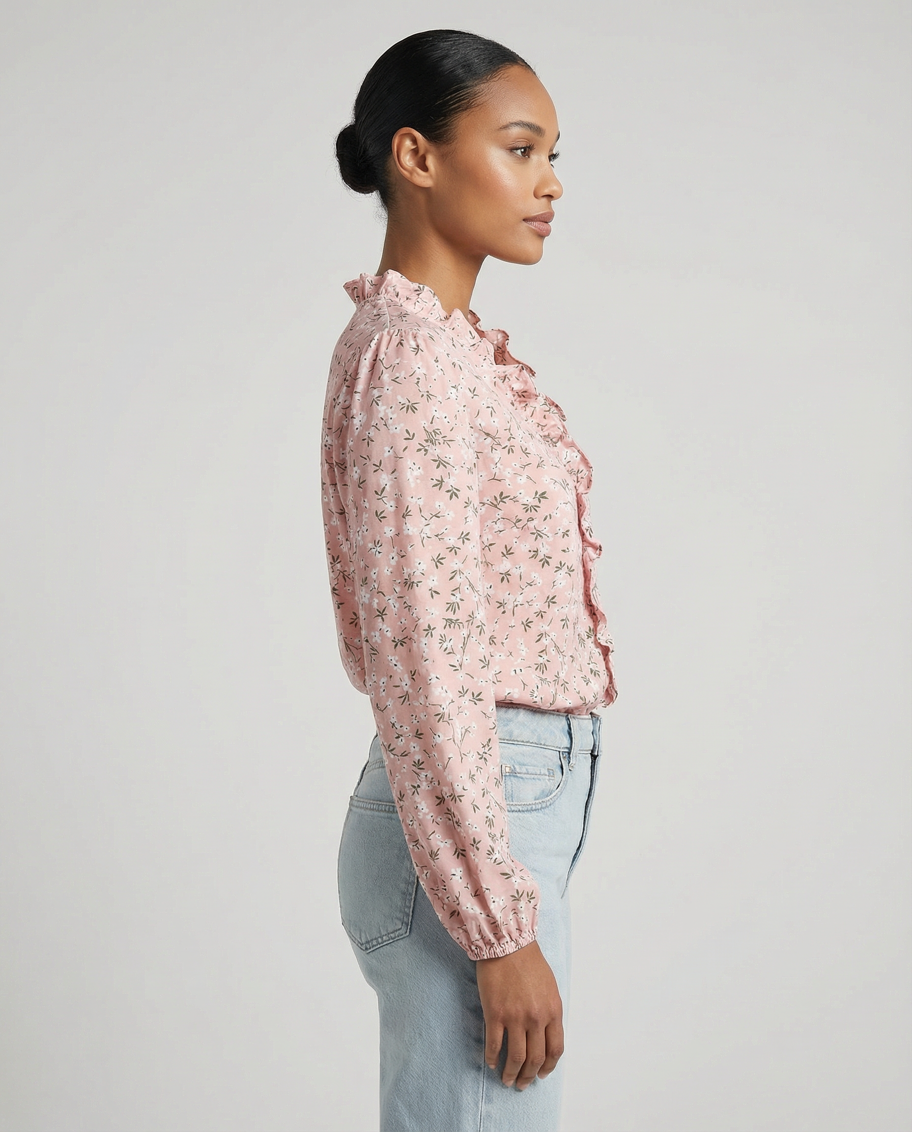 Pink floral ruffle V-neck blouse, long sleeves, button-front detail