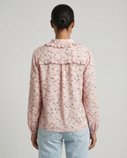 Pink floral ruffle back blouse with long sleeves and gathered yoke