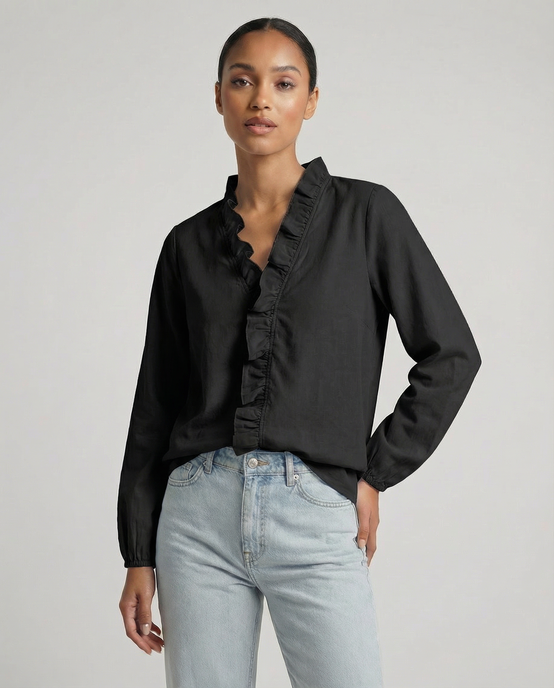 Black ruffle V-neck blouse with long sleeves and button-front