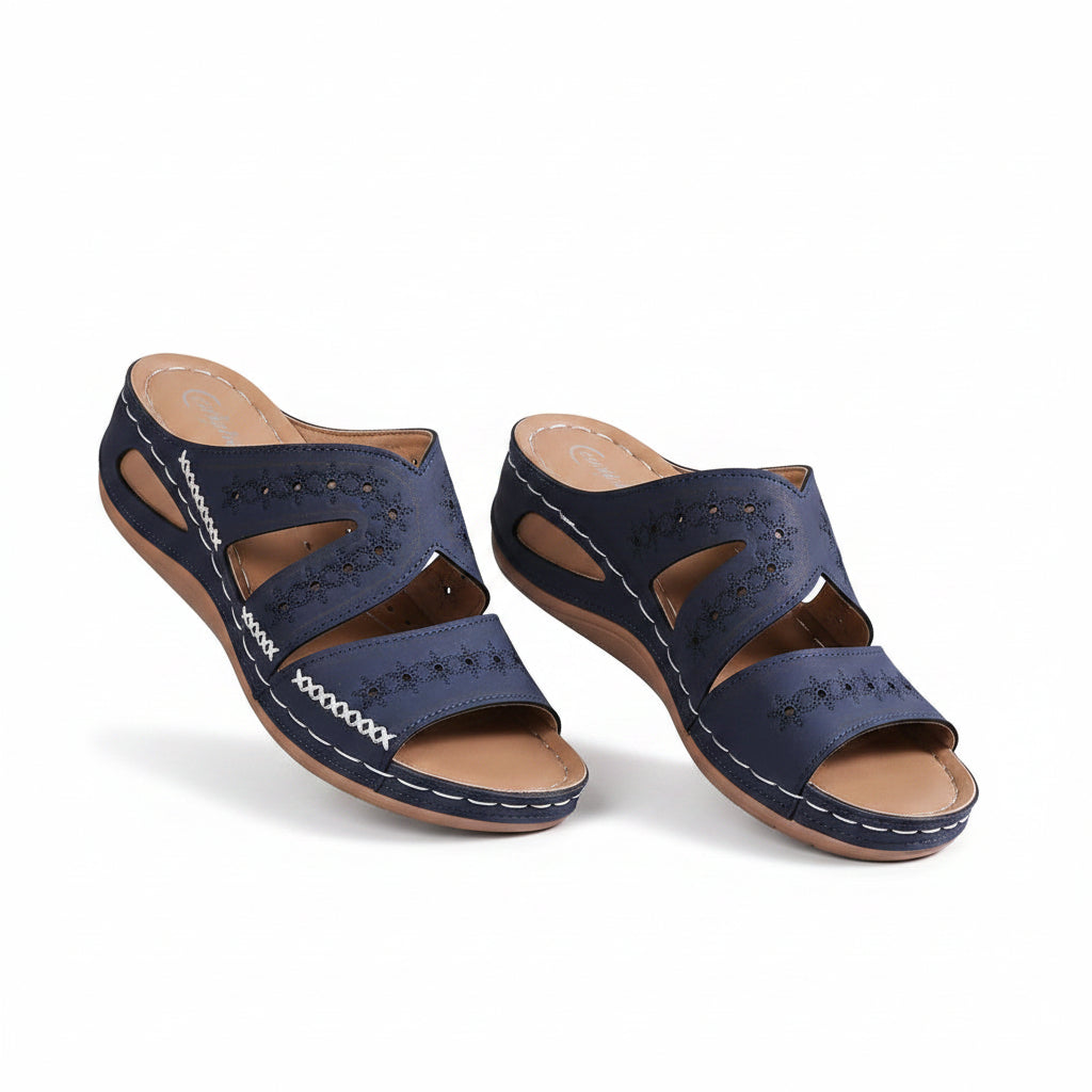 Women's blue slip-resistant sandals, open toe with crisscross straps and stitched sole