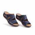 Women's blue slip-resistant sandals, open toe with crisscross straps and stitched sole