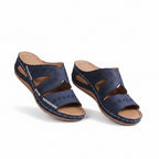 Women's blue slip-resistant sandals, open toe with crisscross straps and stitched sole