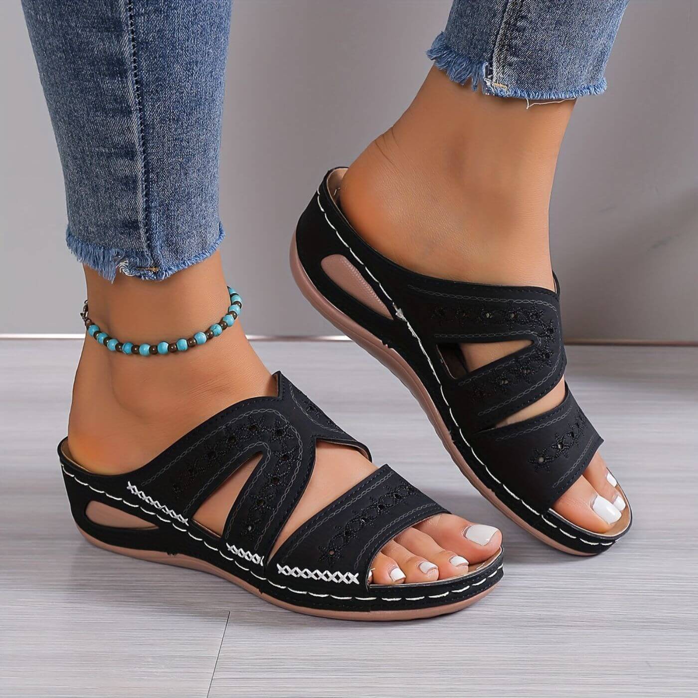 Women's black slip-resistant sandals, open toe with two straps and stitched non-slip sole