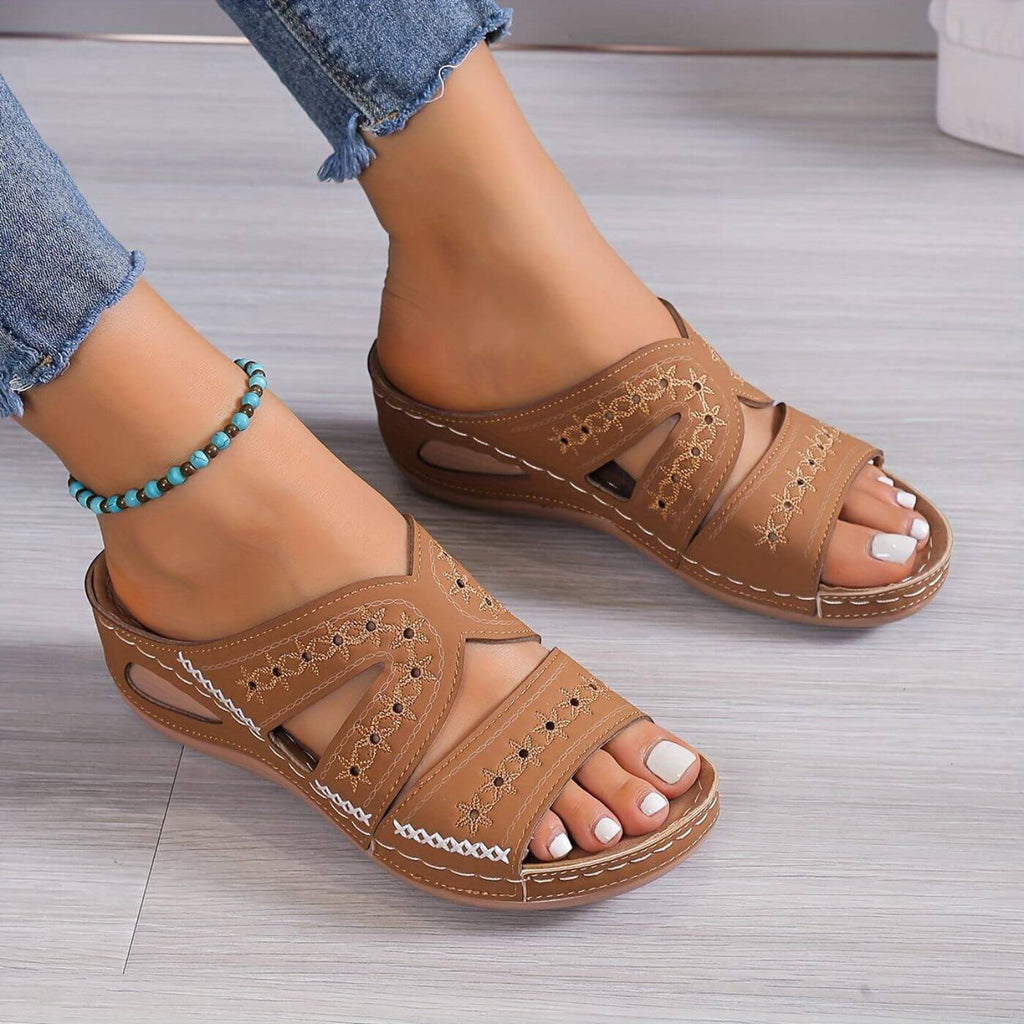 Women's tan slip-resistant sandals, open toe with two straps and decorative stitched pattern