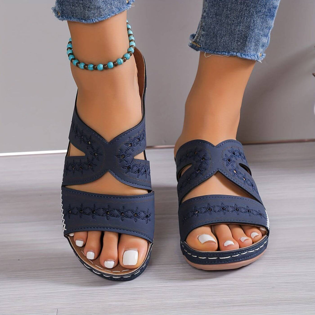 Women's navy slip-resistant sandals, open toe with two wide straps and stitched sole