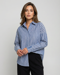 Blue striped button-down shirt with pointed collar and front button placket