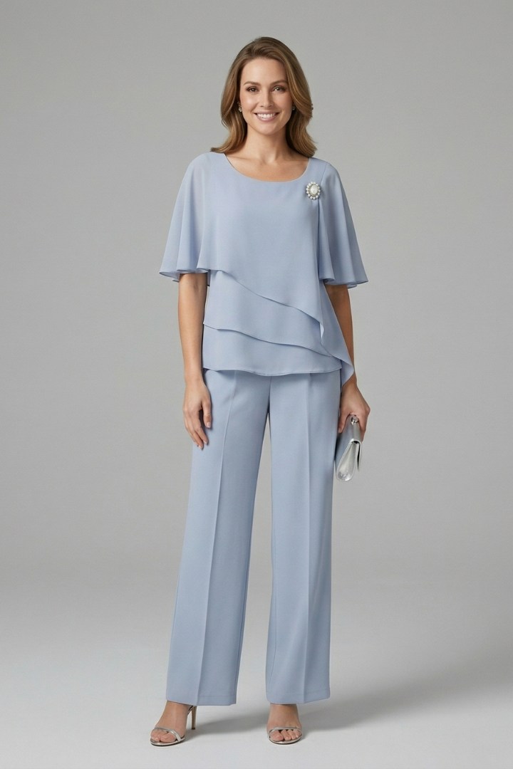 Light blue womens top and trousers set, layered short-sleeve top and straight wide-leg pants