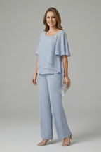 Light blue womens top and trousers set, layered short-sleeve top with straight wide pants