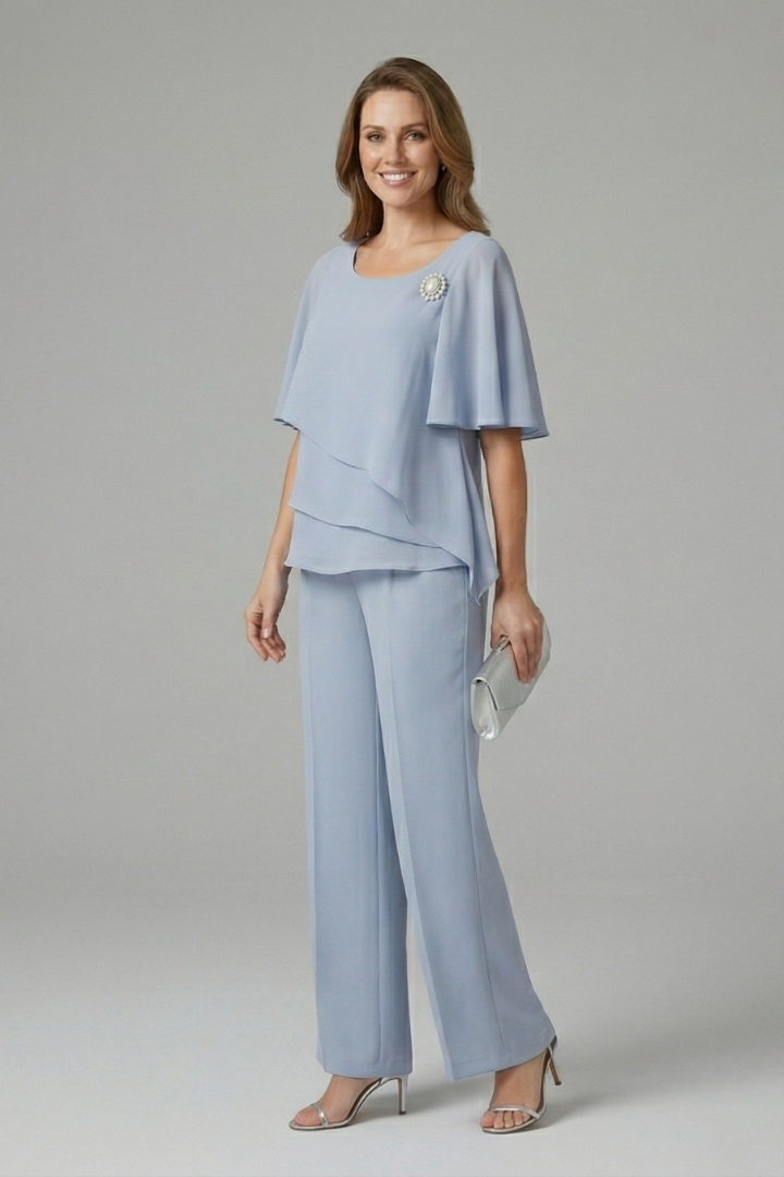 Light blue womens top and trousers set, layered short-sleeve top with straight wide pants