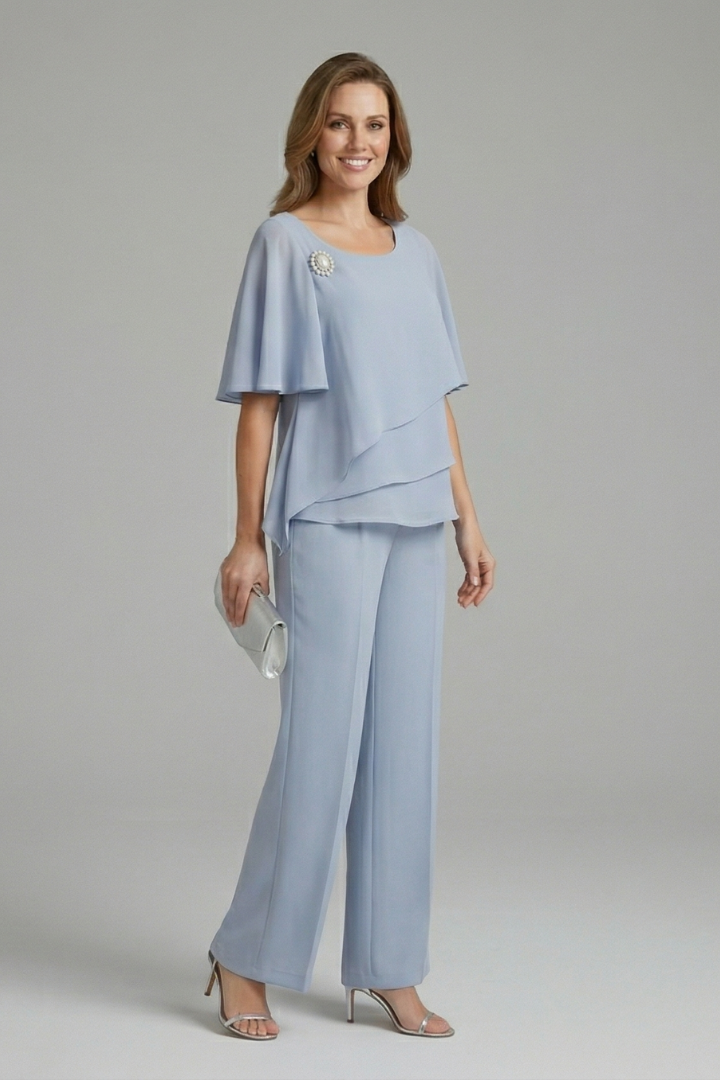 Light blue womens top and trousers set, layered top and straight wide-leg trousers, front view