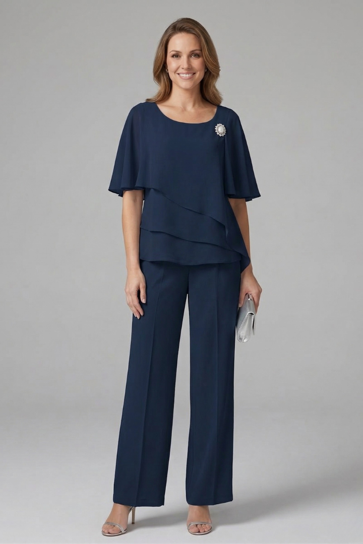 Navy womens top and trousers set, layered short-sleeve top and straight wide-leg pants
