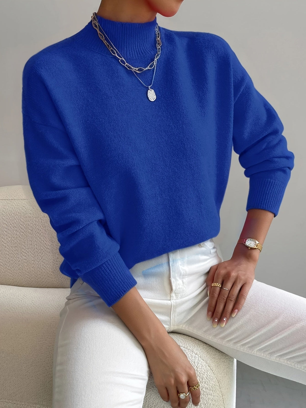 Women’s turtleneck knit sweater, royal blue with long sleeves