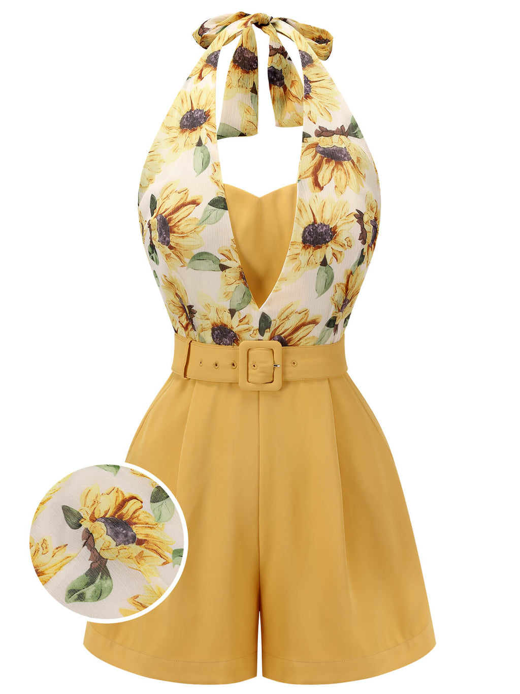 Yellow halter romper with sunflower print bodice, wide legs, and front buckle belt