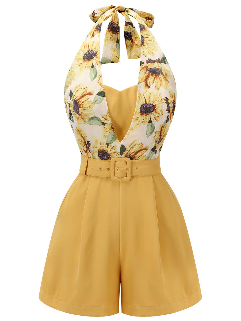 Yellow halter romper with sunflower print halter bow, V-neck front, and belted waist