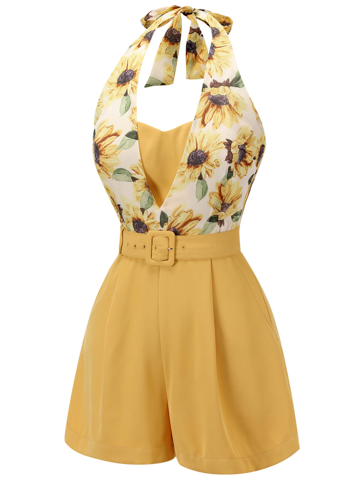 Sunflower print halter romper with V-neck cutout, yellow shorts, and front buckle belt