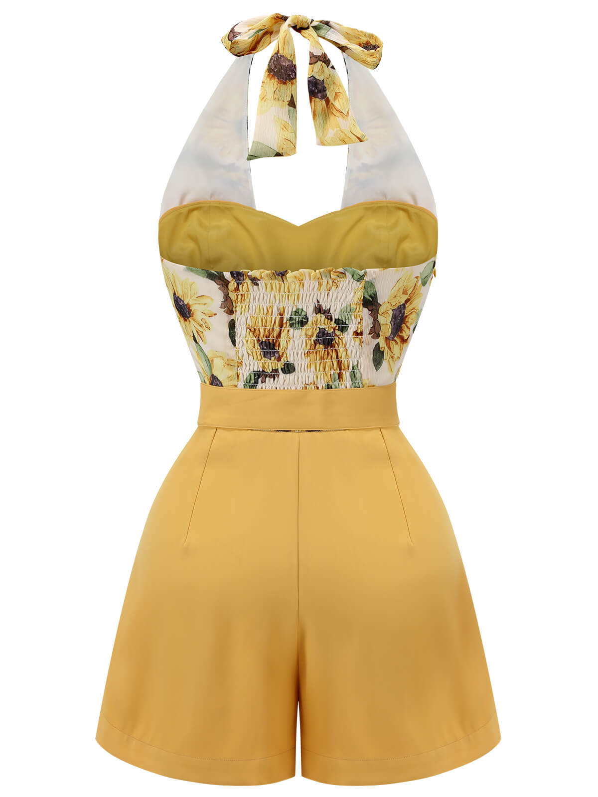 Yellow halter romper with sunflower print bodice and smocked back panel, belted waist