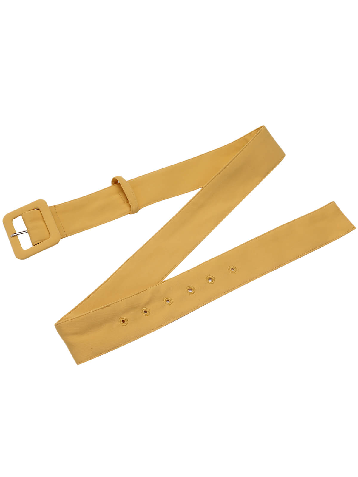 Yellow romper belt with rectangular buckle and stitched eyelet strap