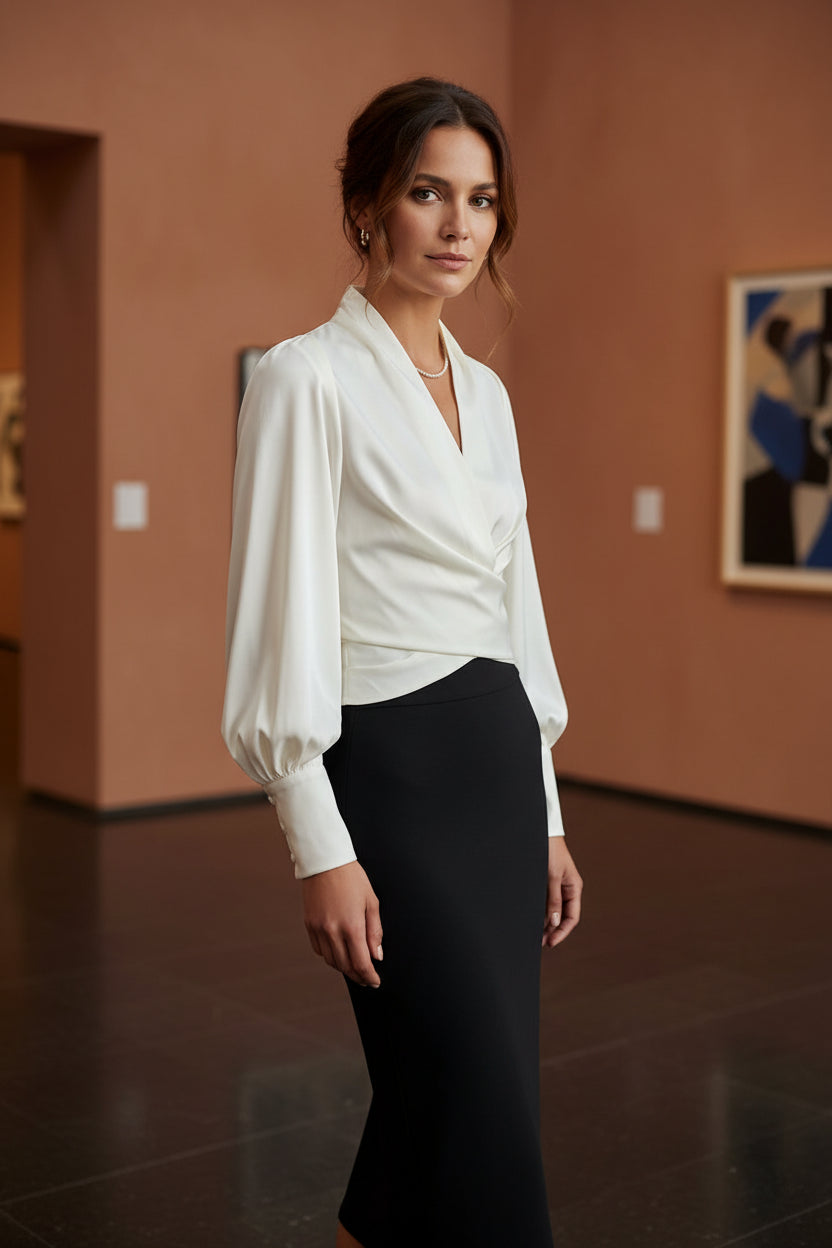 White women's v-neck blouse with puff sleeves and draped wrap front