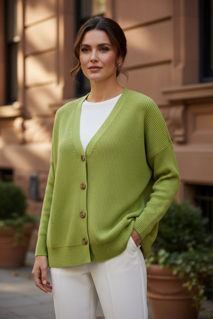 Green knit cardigan with V-neck and button front, three-quarter sleeves.