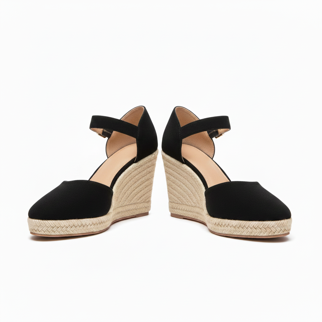 Black ankle-strap wedge sandals with buckle and textured espadrille platform sole