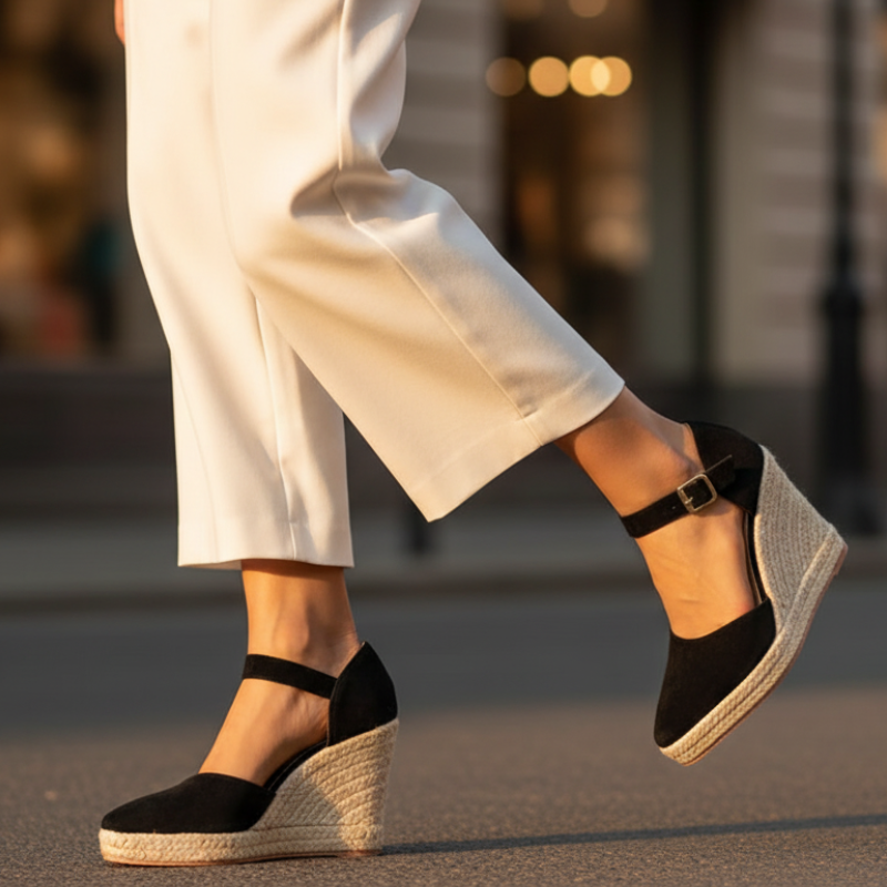 Black wedge sandals with ankle strap and square buckle, textured espadrille sole