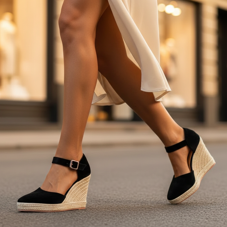 Black ankle-strap wedge sandals with buckle, espadrille-textured platform and wedge heel