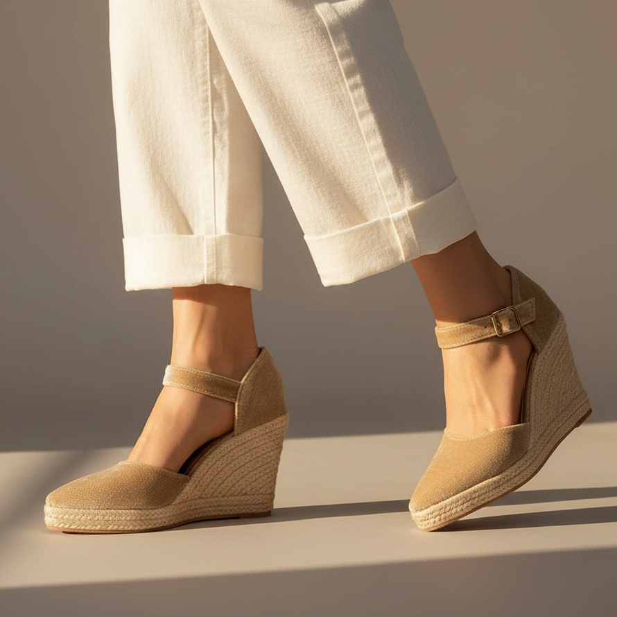 Apricot ankle-strap wedge sandals with buckle and textured espadrille platform sole