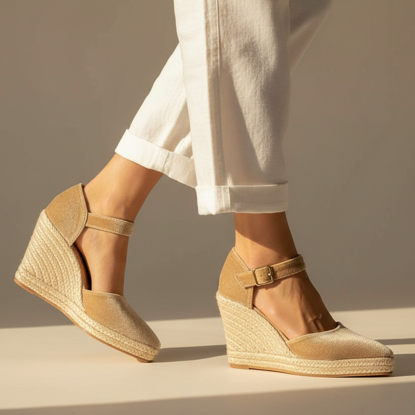 Apricot wedge sandals with ankle strap buckle and woven espadrille-look platform