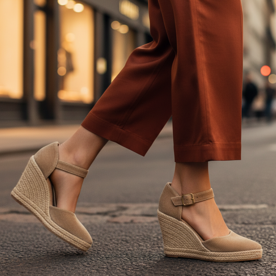 Tan ankle-strap wedge sandals with buckle and textured espadrille-style wedge heel