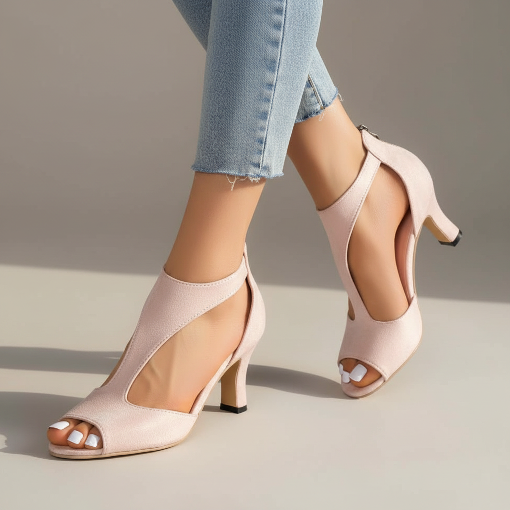 Supportive orthopedic pink peep-toe heels with ankle strap, side view, slim heel
