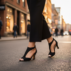 Supportive orthopedic black peep-toe heels with ankle strap, worn with dark pants