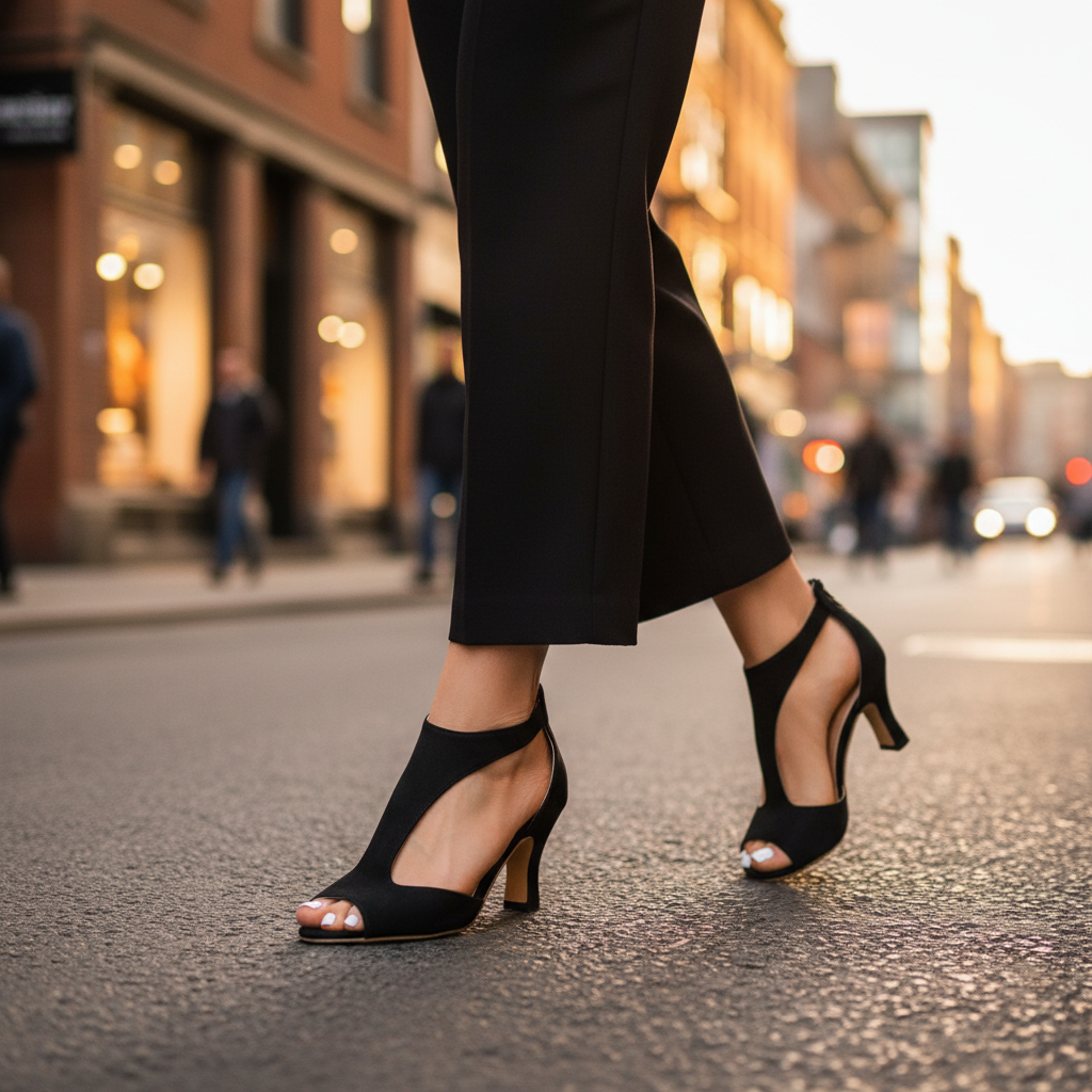 Supportive orthopedic black peep-toe heels with ankle strap, worn with dark pants