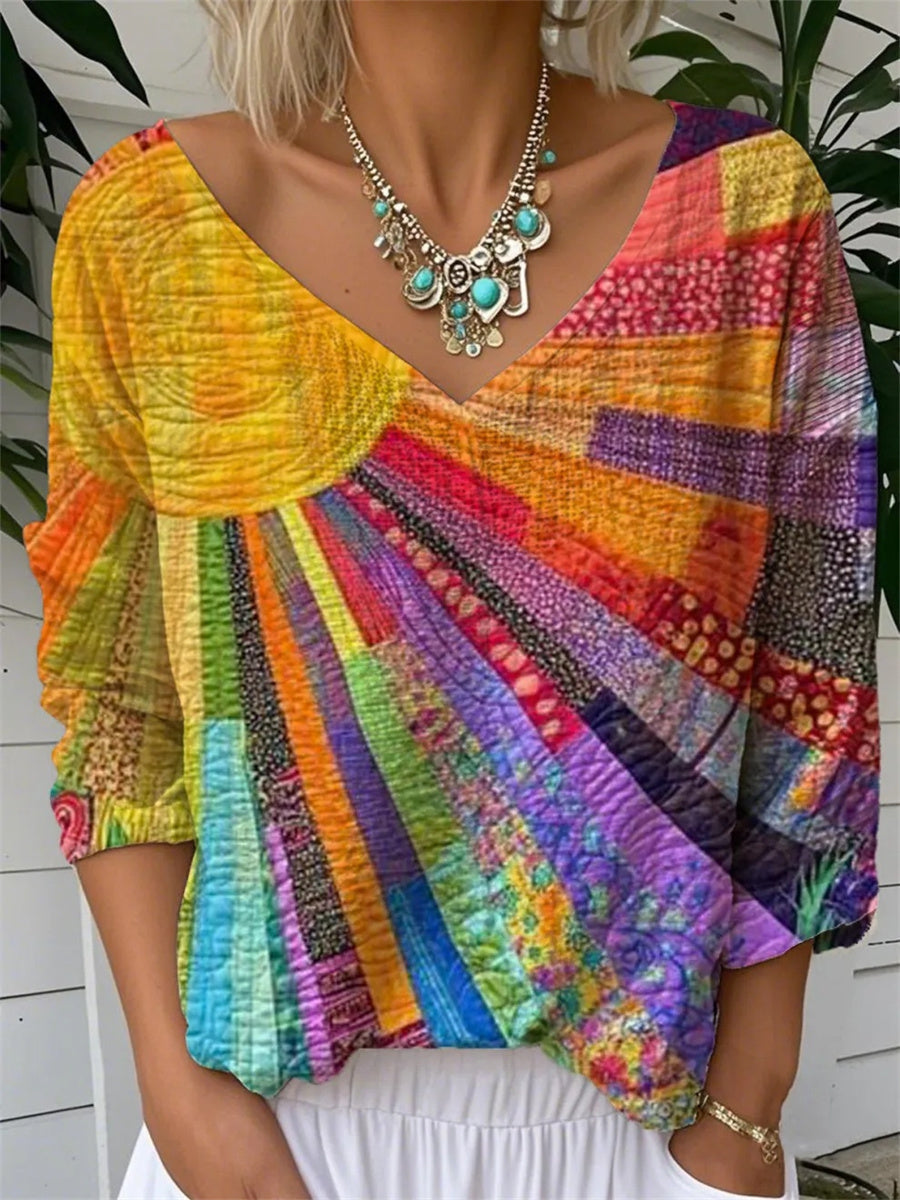 Multicolor patchwork blouse with V-neck, three-quarter sleeves, loose fit and diagonal stripe pattern