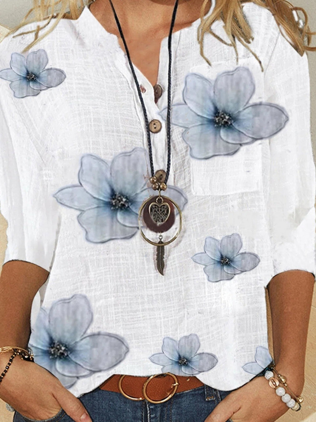 Women’s floral print button-front blouse, white with blue flowers, 3/4 sleeves