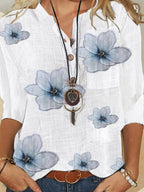 Women’s floral print button-front blouse, white with blue flowers, 3/4 sleeves