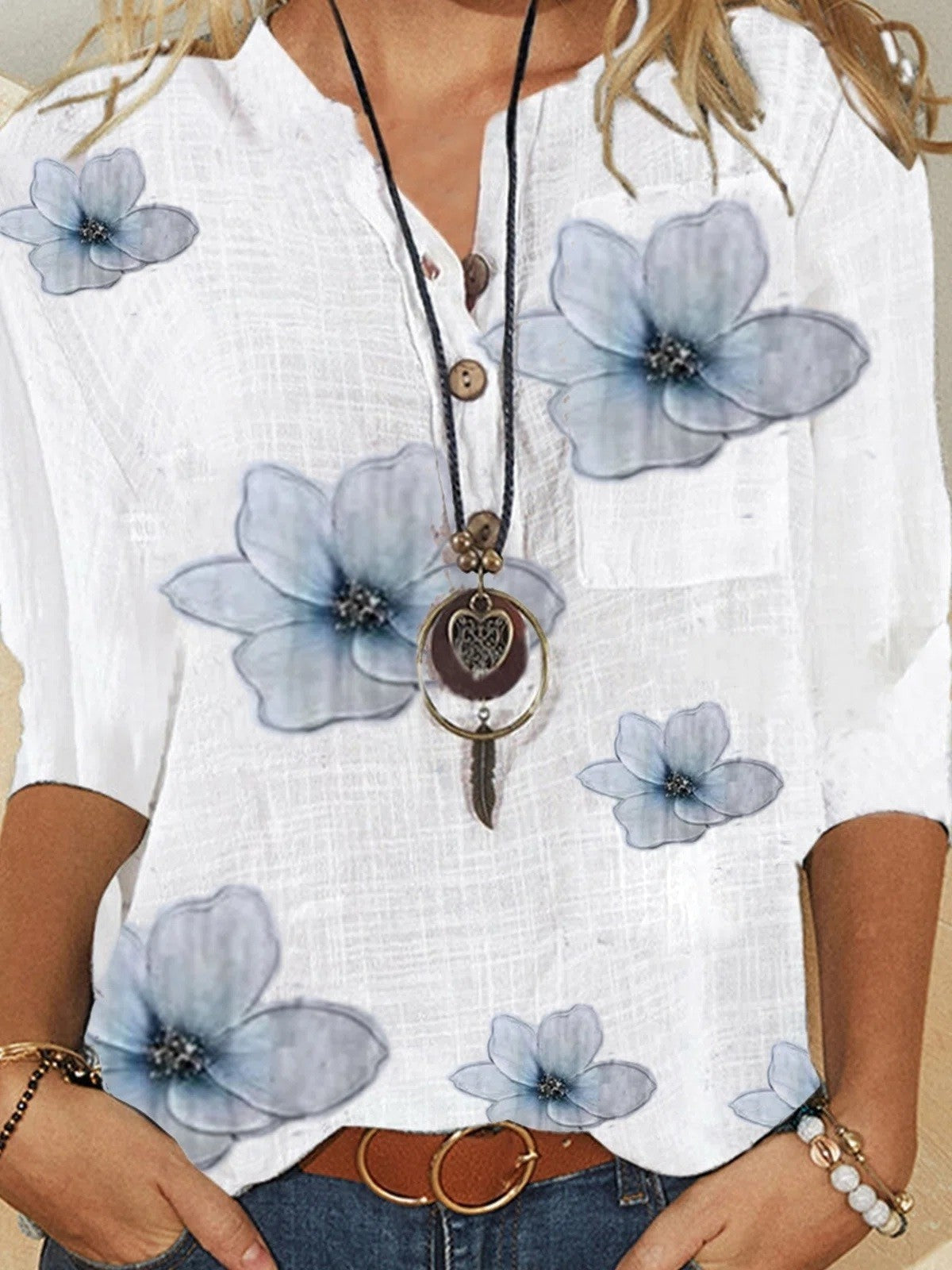 Women’s floral print button-front blouse, white with blue flowers, 3/4 sleeves
