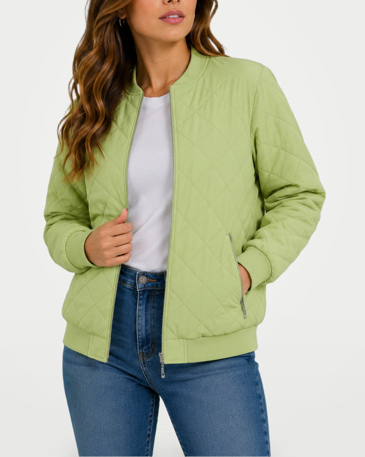 Women’s quilted bomber jacket in lime green, front zipper, ribbed cuffs and hem.
